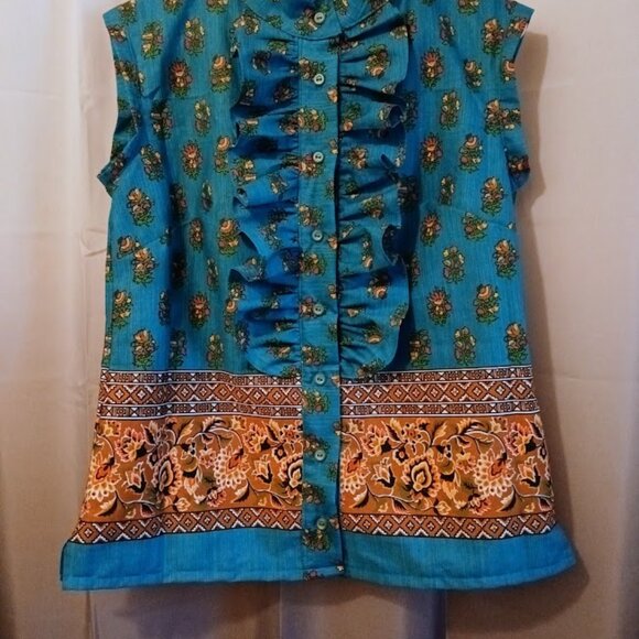 Nwt Tuxedo Ruffle Front Blouse Top M Blue Rust floral Button Up Tank Mandarin - Picture 3 of 10